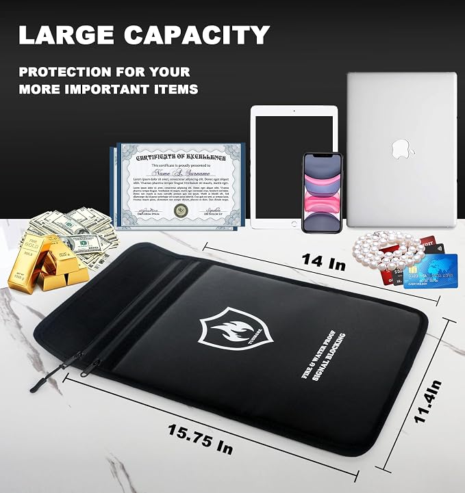6200°F Upgraded Fireproof Document Bag, 15.7" x 11.4" Faraday Bag, Water Resistant Fireproof Money Bag with Zipper, 18 Layers of Heat Insulated Materials, RFID Blocking Bag, Anti-Theft Anti-Tracking