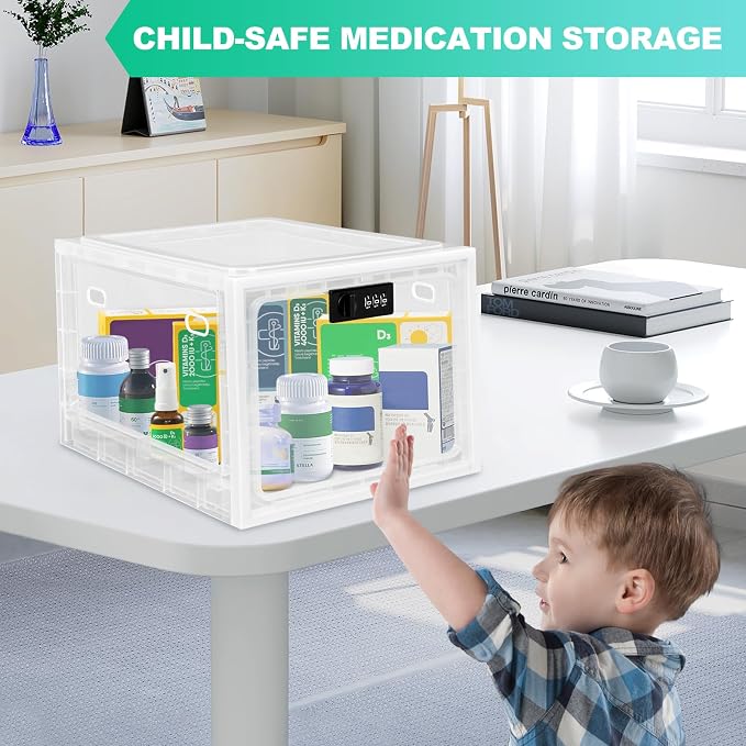 Medication Lock Box with Code, 12.6L Large Lockable Storage Box for Medicine, Snacks, Phone, and Electronics - BPA-Free, Clear Design with Charger Holes for Home, Office, Dorm, and Fridge