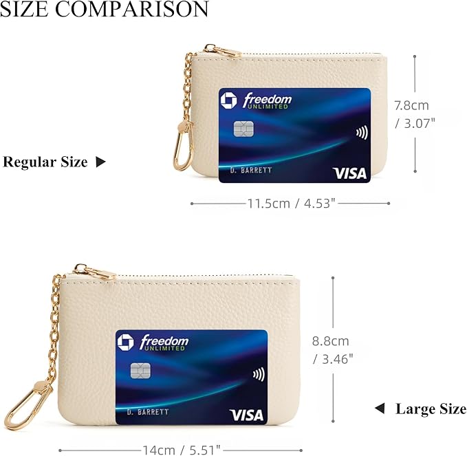 Full Grain Leather Coin Purse with Key Chain - Small Change Purse Keychain Card Holder Keychain Pouch Small Keychain Wallet for Women and Men (Creamy-white, Large Size)