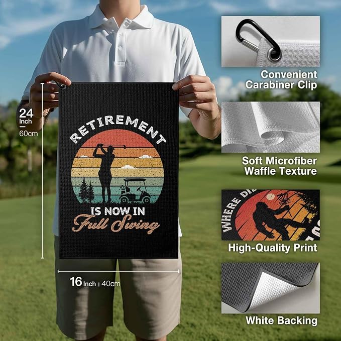 Funny Golf Towel with Clip,Golf Bag Accessories for Men,"Retirement is Now in Full Swing"Golf Gifts for Women Mom Grandma Dad,16x24inch Microfiber Golf Towel,Birthday Christmas Retirement Golfer Gifts