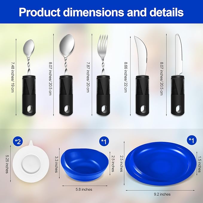 2 Sets Adaptive Utensils Bowl and Plate Set Adaptive Self Feeding Dinnerware with Suction Base Non Slip Bendable Cutlery for Elderly Disabled Hand Tremors Arthritis Parkinson(Blue)