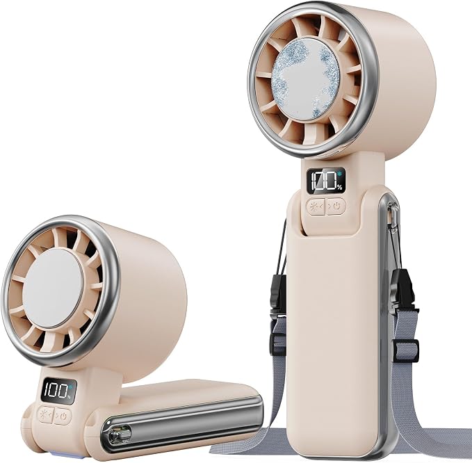 SHEWIND Portable Handheld Fan with Ice Cooling - 5 Gear High Speed Personal Turbo Fan Rechargeable, Up to 13 Hrs, Mini Hand Fans for Travel Essentials, Beach Vacation, Gifts for Women, Men (Cream)