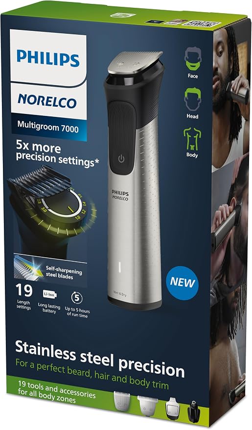 Norelco Philips Multigroom 7000 Series, All-in-One Trimmer, Beard Trimmer and Hair Clipper, 19-Piece Men's Grooming Kit for Beard, Head, Hair, Body, and Face, Soft Pouch, MG7910/49