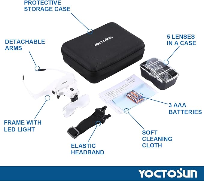 YOCTOSUN Magnifying Glasses with Light, LED Head Magnifier with 5 Lenses, Headband, Storage Case, Hands Free Lighted Head Magnifying Visor for Close Work Hobby Crafts