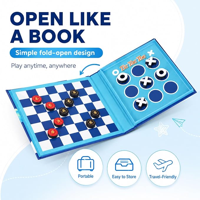 2-in-1 Travel Checkers and Tic Tac Toe Game for Kids Ages 8-12, Magnetic Checkers Board Game, Foldable Road Trip and Plane Activities