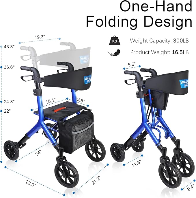 WALK MATE Rollator Walker for Seniors Taller 5.3~7ft with Height-Adjustable Seat, 10 Inch Wheels Wire-Hidden Walkers Compact Folding Design Lightweight Mobility Walking Aid Widen Backrest, Blue