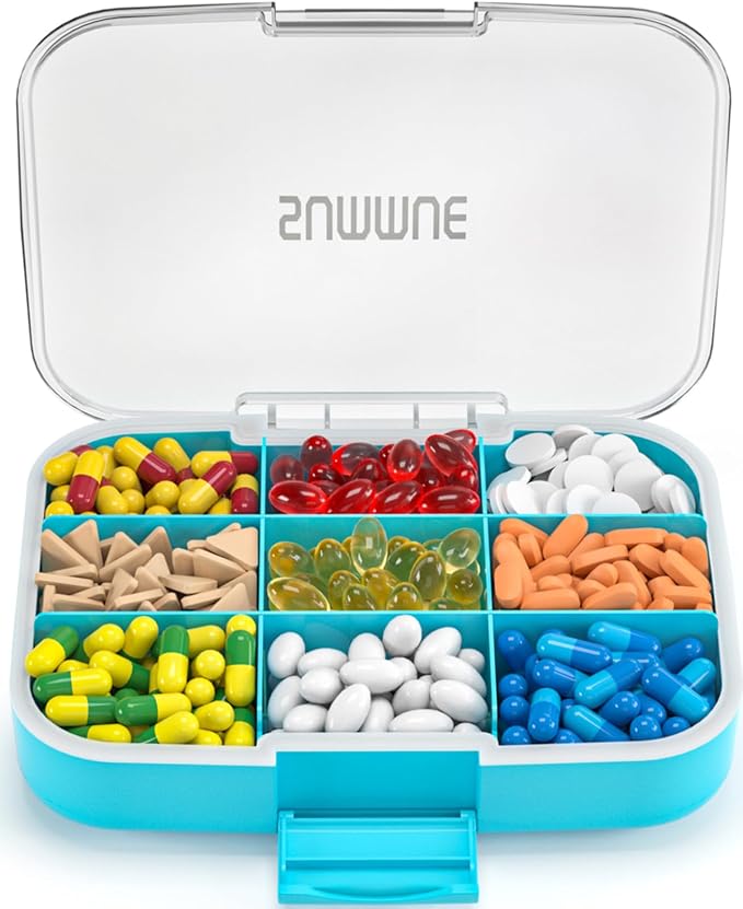 Large Pill Organizer, 9 Compartments Portable Travel Pill Box Case Moisture Proof, XL Pill Container Holder for Vitamins, Cod Liver Oil, Supplements, Medication (Blue)