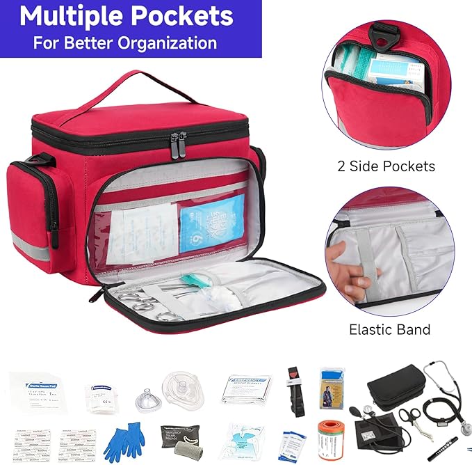 LEFOR·Z Small Medical Bag,First Aid Bag Empty,Home Health Nurse Bag with Detachable Divider,Medical Supplies Storage Tote for Nursing Student,Therapist,Doctors,Red(11.7x7.6x8inch)