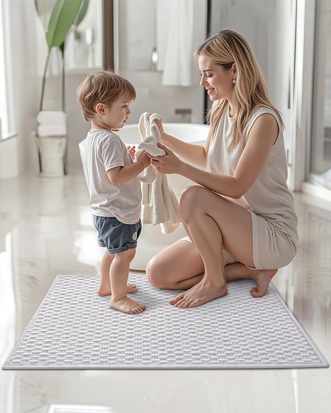 Color&Geometry Bathroom Rugs with Rubber Backing, Non Slip Machine Washable Bath Mat, Soft Absorbent Chenille Boho Carpet for Bathroom Floor, Tub and Shower,24"x36", White