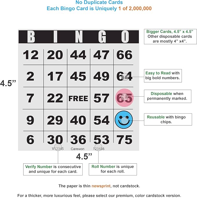200 Bingo Cards, Large 4.5 x 4.5 Inch, Paper Bingo Sheets | Classic Newsprint, Disposable with Daubers or Reusable with Chips — Proudly Made in USA