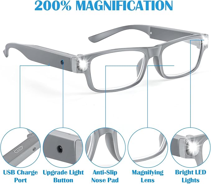 200% Magnifying Glasses with Light,USB Rechargeable LED Lighted Magnifying Eyewear,Hands Free Head Magnifier Eyeglasses for Close Work,Hobbies,Reading,Craft,Jewellery,Sewing Seniors
