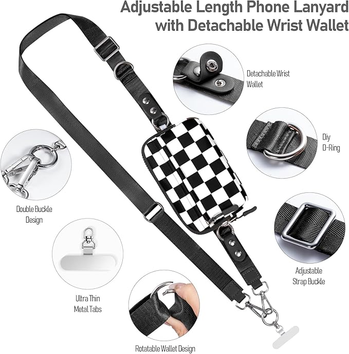 Tiostep Clip and Go Strap for Phone with Wallet Crossbody Phone Lanyard Adjustable and Detachable RFID Wristlet Wallet (Black White Checkered, Medium)