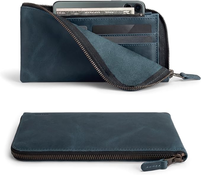 Hide & Drink, Leather Long Zippered Wallet, Holds Up to 8 Cards Plus Coins And Flat Bills, Phone Holder, Cash Organizer, Travel Essentials, Handmade, Slate Blue