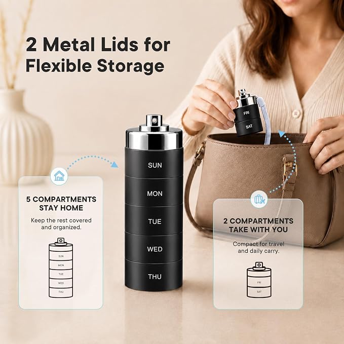Mossime Metal Travel Pill Organizer with 2 Lids, Waterproof Weekly Pill Box, Large Aluminum Alloy Pill Case Container, BPA Free 7 Day Daily Medicine Organizer for Vitamin, Fish Oil, Supplement