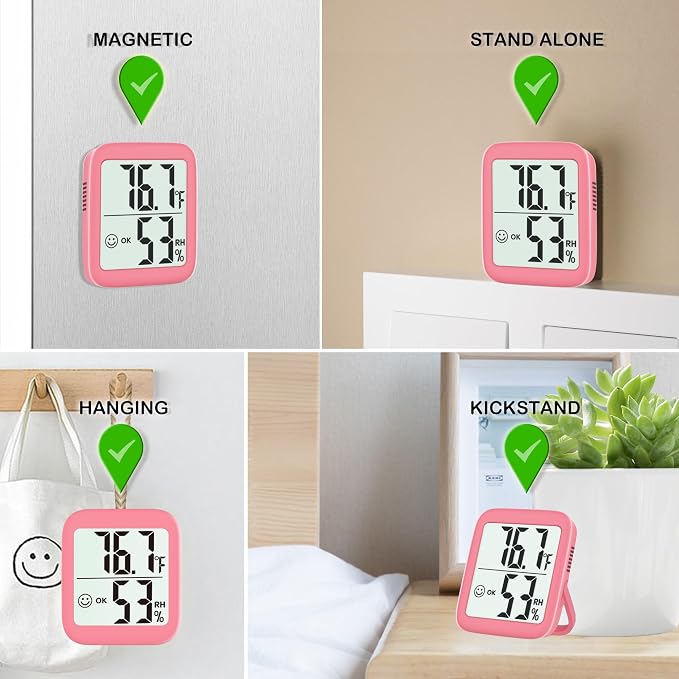 2 Pack Room Thermometer Indoor Hygrometer | Monitor Temperature & Humidity, Accurate, Fast Read, Easy To View, Magnetic/Kickstand/Hanging, ℉/℃, w/ Battery, Compact