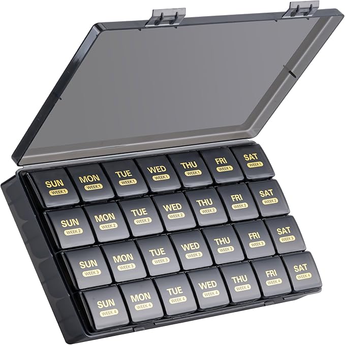 Monthly Pill Organizer, 28 Day Pill Box 1 Time a Day with Dust-Proof Case, Large 4 Weeks a Month Pill Case Container, Daily Vitamin Case Box for Pills/Medicine/Fish Oil/Supplements（Black）