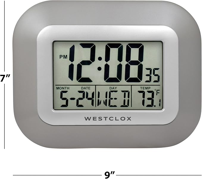 Westclox Large Digital Wall Clock with Date, Day & Temperature – Battery Operated Digital Clock with Alarm & Snooze, 12/24 Hour Display, Stylish Wall or Desk Clock for Home, Office & Bedroom (Gray)