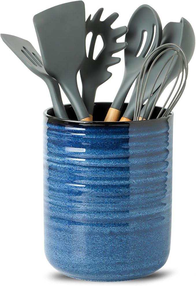 HASENSE Kitchen Utensil Holder, 7.4" x 6.2" Ceramic Utensil Holder for Countertop, Stable Cooking Utensil Organizer Crock for Spatula, Modern Kitchen Decor for Christmas, Blue