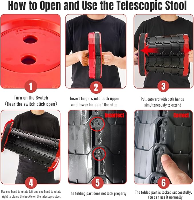 Doseno Portable Stool for Adults, Collapsible Stool, Portable Seat, Red | Upgraded foldable stool, thick PP; portable folding stool with telescoping and retractable design for fishing, hiking and BBQ