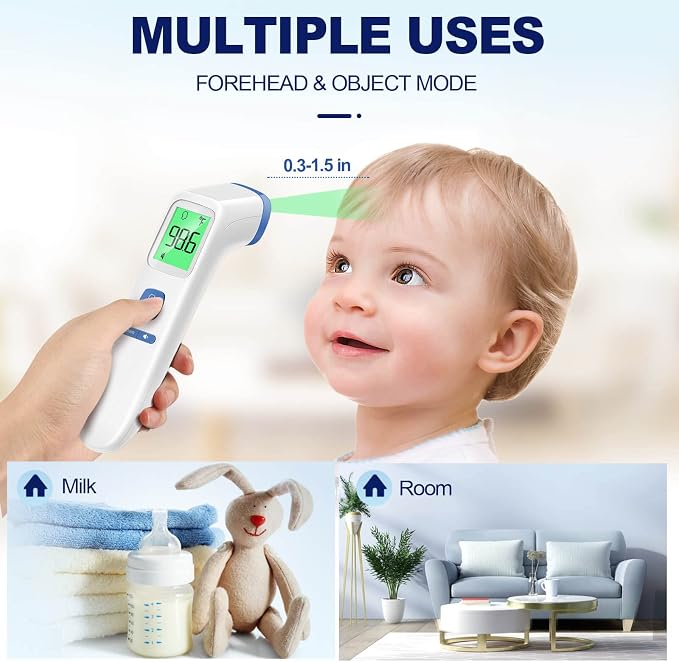 No-Touch Thermometer for Adults, Kids, Babies, 1-Sec Fast Accurate (Blue) | Fever Alarm, Large LCD with 3-Color Backlight, Silent Mode, 35-Reading Memory, Forehead & Object Mode, for Home & Clinic