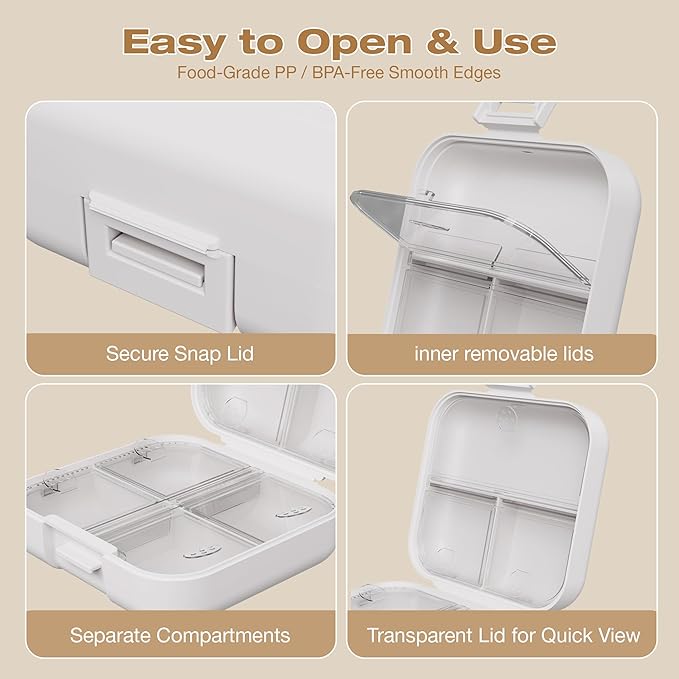 Small Travel Pill Box, Double Layer 7-Compartments Pill Organizer, Portable Weekly Pill Case Container for Pocket, 7 Day Compact Medicine Holder for Vitamins, Fish Oils, Supplements White