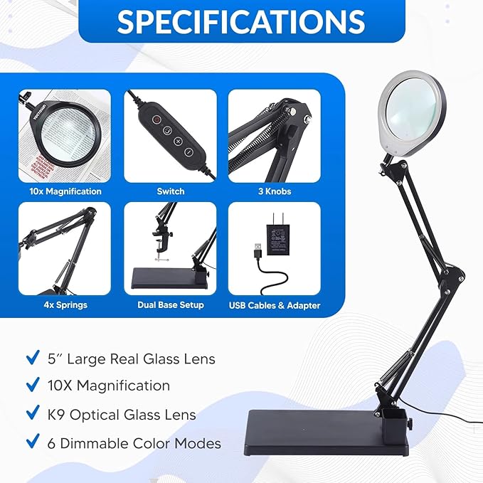 YOCTOSUN 10X Magnifying Glass Lamp with 6 Color Modes Stepless Dimmable, 96 LEDs and 5" Real Glass Lens, Adjustable Swivel Arm Desk Magnifier with Light and Stand for Crafts Hobby Close Work