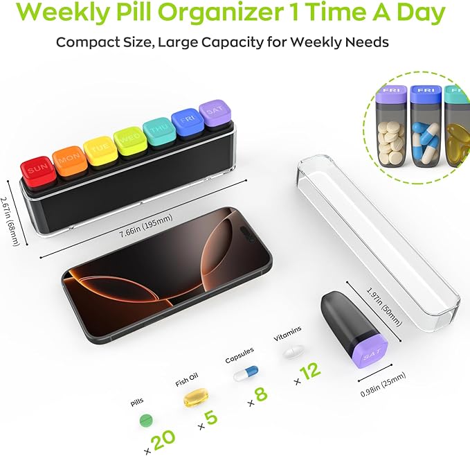 Weekly Pill Organizer 1 Time a Day, HIONXMGA Detachable Travel Pill Box 7 Day, Large Medicine Pill Case Container for Daily Medication Vitamin Supplement Fish Oil, Portable Week Pills Holder, Clear