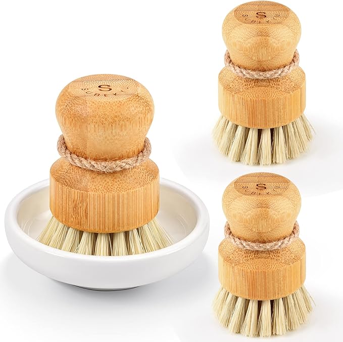 SUBEKYU Bamboo Dish Scrub Brush,Produce Brush,3 Pack with Ceramic Holder | Vegetable Brush,Natural Sisal Bristles,Kitchen Wooden Cleaning Scrubbers Set