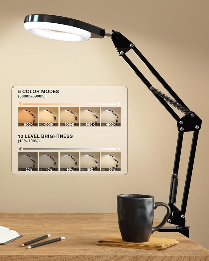 Lighted Magnifying Glass, 10X & 5X Magnifying Glass with Light, Dimmable Magnifier with Lamp, Adjustable 10 Level Brightness and 5 Color Desktop Clamp Magnifiers for Craft Painting Workbench (White)