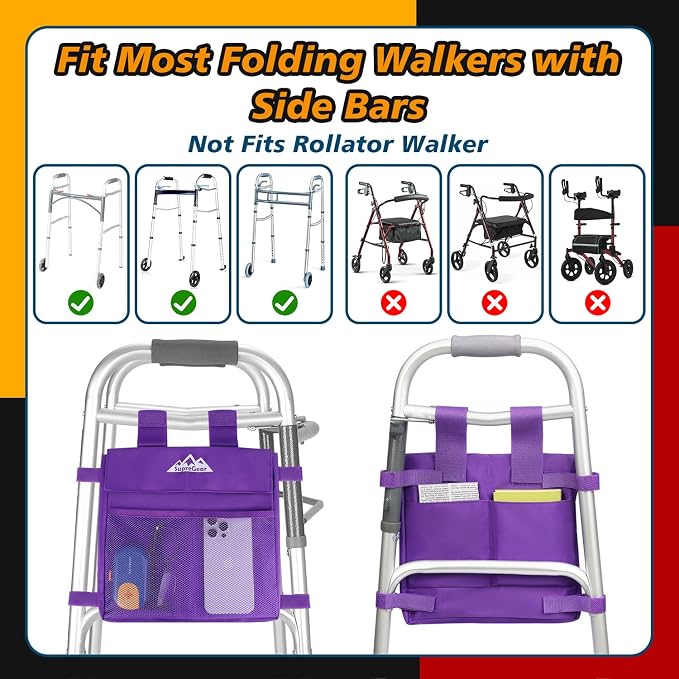 supregear Walker Side Bag, Multi Pocket Storage Pouch for Folding Walker, Water Resistant Lightweight Hand Free Carrier Tote, Universal Size Seniors Caddy Attachment
