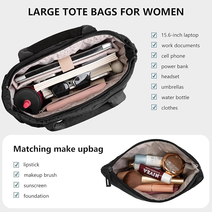 Puffer Tote Bag for Women Quilted Nurse Bag Lightweight Work Bag for Teacher Travel Handbag with Multiple Pockets
