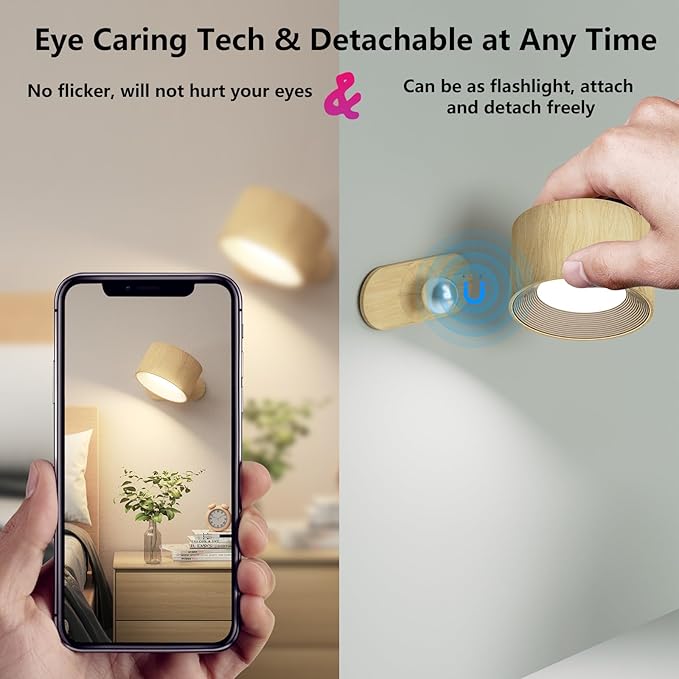 Battery Operated Wall Light, LED Wall Sconce with 3 Color Modes 3 Brightness Levels 360°Rotation Lighting Touch Control, Wall Mounted Lamp Cordless Wall Lamp for Bedroom Reading Bedside-1Pack