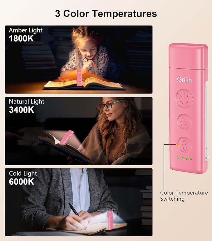Gritin Book Light Rechargeable, Clip on LED Reading Light for Books in Bed | Eye Caring 3-Color & 5-Brightness, Stepless Dimming, Long Lasting, Compact Size Flexible Book Lamp for Bookworms-Warm Pink
