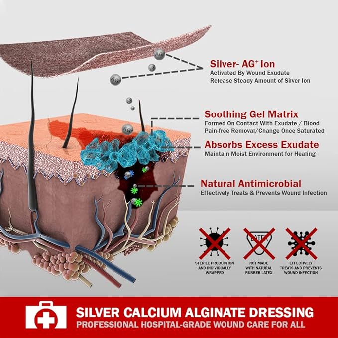 EVERLIT AG Silver Calcium Alginate Wound Dressing | Absorbent Non-Stick Sterile Dressing Pad | Gentle Gauze with Natural Gelling Fiber for Wound Care