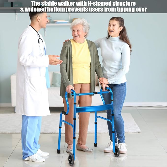 Goplus 3-in-1 Stand-Assist Folding Walker with 5" Wheels, Heavy Duty Walking Mobility Aid Supports up to 220lbs, Can be Used as Toilet Safety Rail, Narrow Drive Walkers for Seniors Elderly Adult