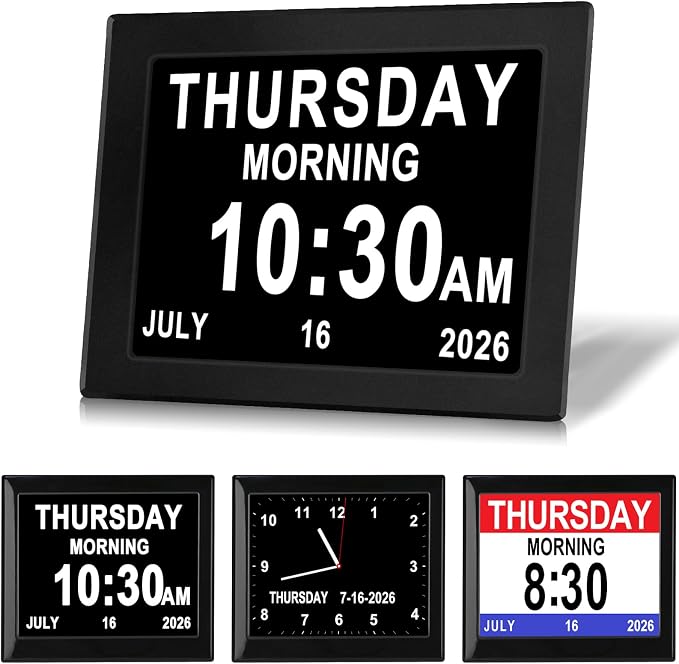 Day Date Time Clock for Seniors Elderly 3 Medication Reminders+ 5 Custom Reminders Digital Calendar Dementia Impaired Vision Memory Loss Clock(Black,8-inch)
