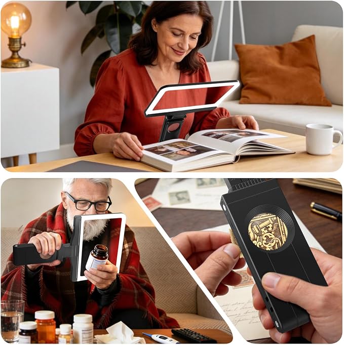 30X 6X Rechargeable Magnifying Glass for Reading, Large Full Page Magnifier with Folding Stand, 3 Color Light Modes, Dimmable LED Lighted, Hands Free Book Magnifier for Fine Prints Low Vision Seniors