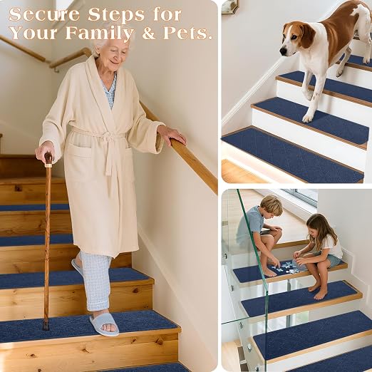 Stair Treads for Wooden Steps 15 PCS, Non Slip Stair Rugs Blue | 8x30in Self-adhesive Stair Runner Strips, Machine Washable, Indoor Carpet for Stairs, Stair Protection for Kids Pets Elderly