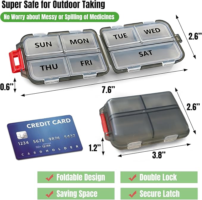 7 Day Compact Pill Organizer, Foldable Portable Travel Pill Box with Double Protection, Daily Small Pill Case Dispenser for Medication, Vitamins, Supplements (Clear Black)