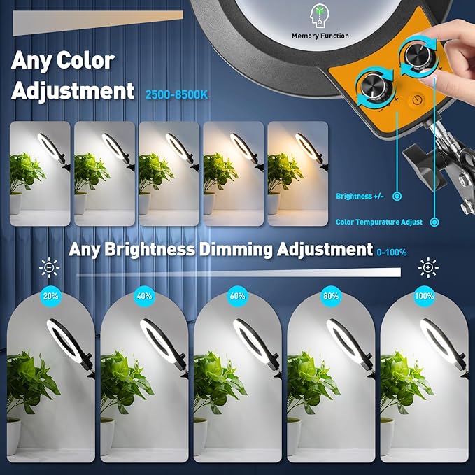 KIRKAS 12X Magnifying Glass with Light and Stand, Any Color Modes & Stepless Brightness LED Magnifying Lamp with Clamp, 2-in-1Hands Free Magnifier Desk Lamp for Repair Painting Crafts-Knob Yellow