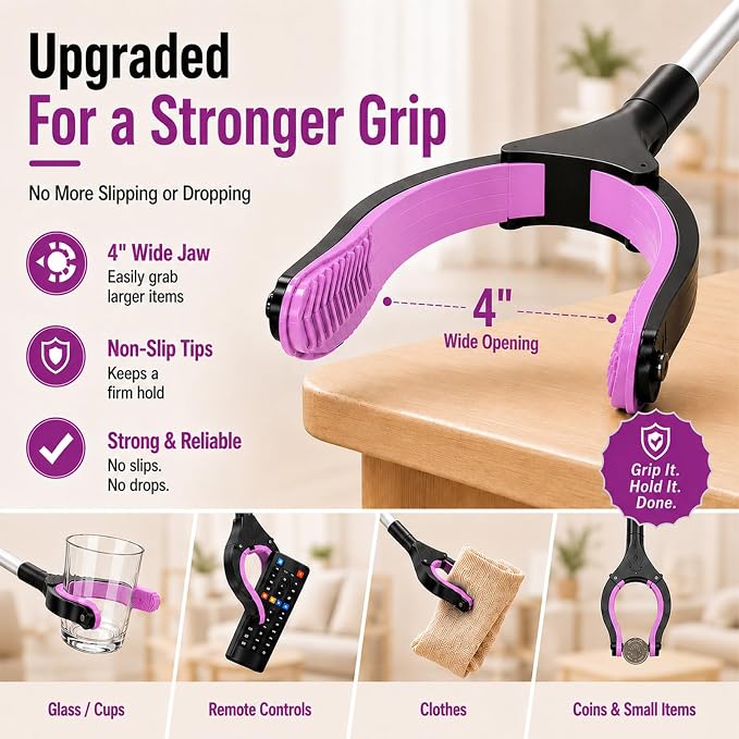 36" Grabber Reacher Tool, Reacher Grabber Pickup Tool with 4" Wide Anti-Slip Jaw, Rotating Head and Magnetic Tip, Grabbers for Seniors, Post-Surgery Use Heavy Duty, Purple Pink