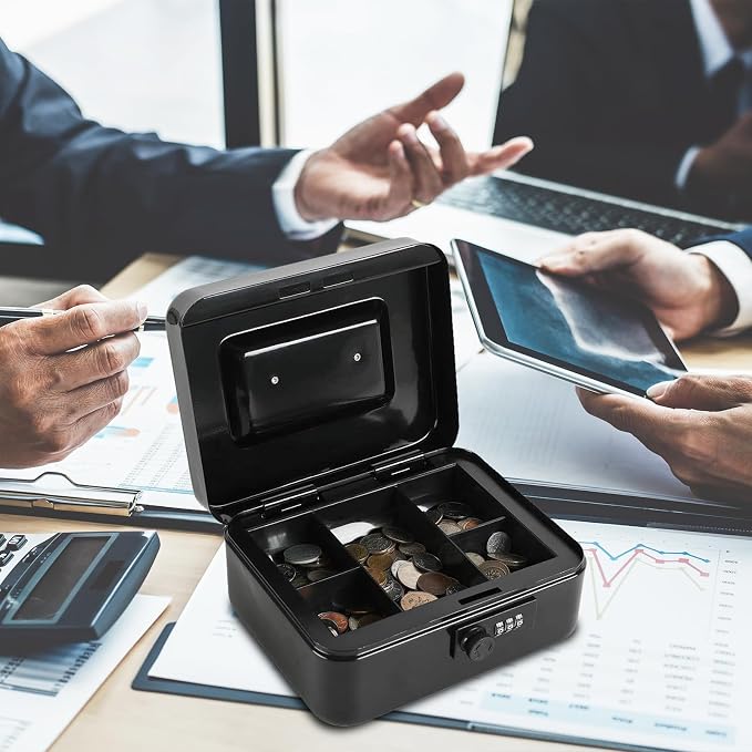 xydled Steel Cash Box Safe with Combination Lock,Money Safe Box with Removable Coin Tray,Medium,7.87"x 6.30"x 3.54",Black