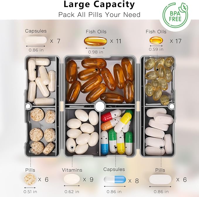 FYY Daily Pill Organizer, 7 Compartments Portable Pill Case Travel Pill Organizer,[Folding Design] Pill Box for Purse Pocket to Hold Vitamins,Cod Liver Oil,Supplements and Medication-Grey