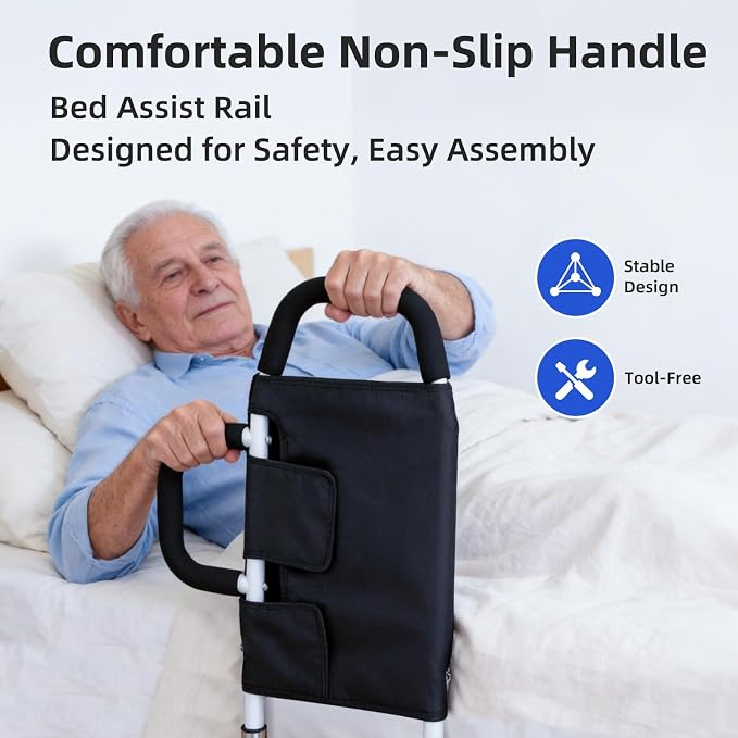 2026 Upgraded ASTM Approved Bed Assist Rail Adjustable 400 LBS Senior Bed Cane Anti-Slip Handle & Storage Pocket