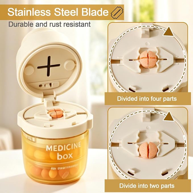Portable Pill Cutter with Water Cup, 1/2 and 1/4 Tablet Splitter Pill Grinder Crusher Storage Box, ABS Stainless Steel Multifunctional Travel Medicine Organizer