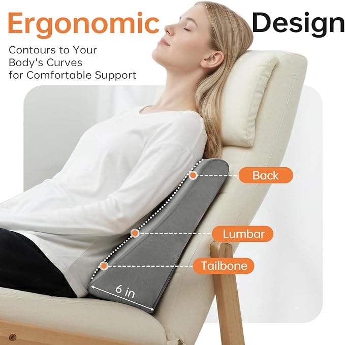 Vekkia Lumbar Support Pillow for Recliner, Ergonomic Back Support for Couch – Improve Posture, Relieve Back Pain for Long Sitting & Elderly, for Armchair & Sofa, Removable Cover, Gray