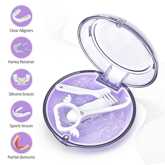 Retainer Case Slim Aligner Case with Vent Holes Removable Inner Tray Silicone for Easy Cleaning Retainer Removal Tool and Brush (Clear Purple with Lanyard)