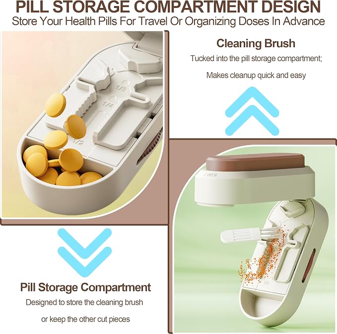 Pill Cutter Splitter for Small and Tiny Pills, Vertical Push Down Cut Pill Cutter 1/4 1/3 1/2, Accurate Pill Cutter for Small or Large Pills with Storage Cleaning Brush Pill Crushers for Elderly Pets