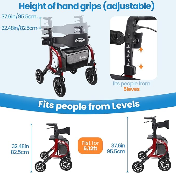Rollator Walker for Seniors/Adults Foldable Rolling Walker with Seat 330 lbs Capacity 10 inch Wheels Hand Grips Adjustable Height Lightweight Durable Aluminum Walker Removable Back Support (Red)