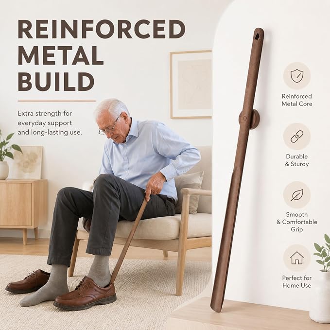 Geelin 2 Pcs 29.5" Magnetic Shoehorn, Long Wooden Shoe Horn Long Handle Shoehorn for Seniors Men Women, Magnetic Base Wall Mounted Dressing Stick for Elderly Limited Mobility (Walnut)